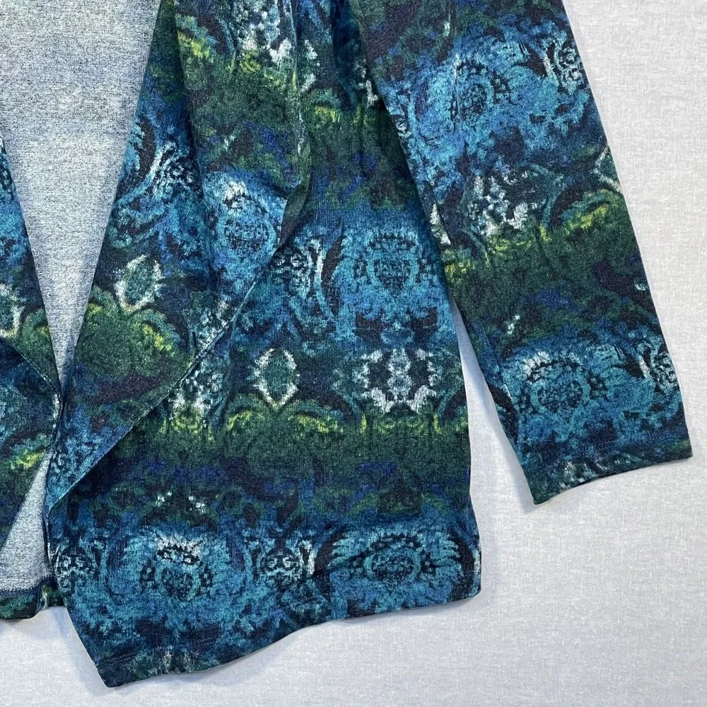 Susan Graver Cardigan Women M Blue Green Abstract Draped Shawl Collar Excellent